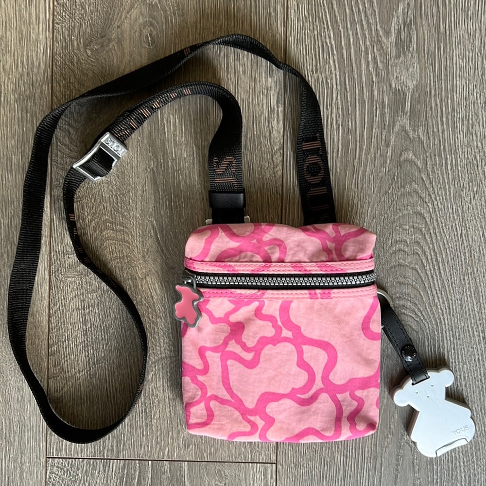 TOUS Pink Signature Kaos Bear Canvas Small Crossbody Messenger Travel Bag